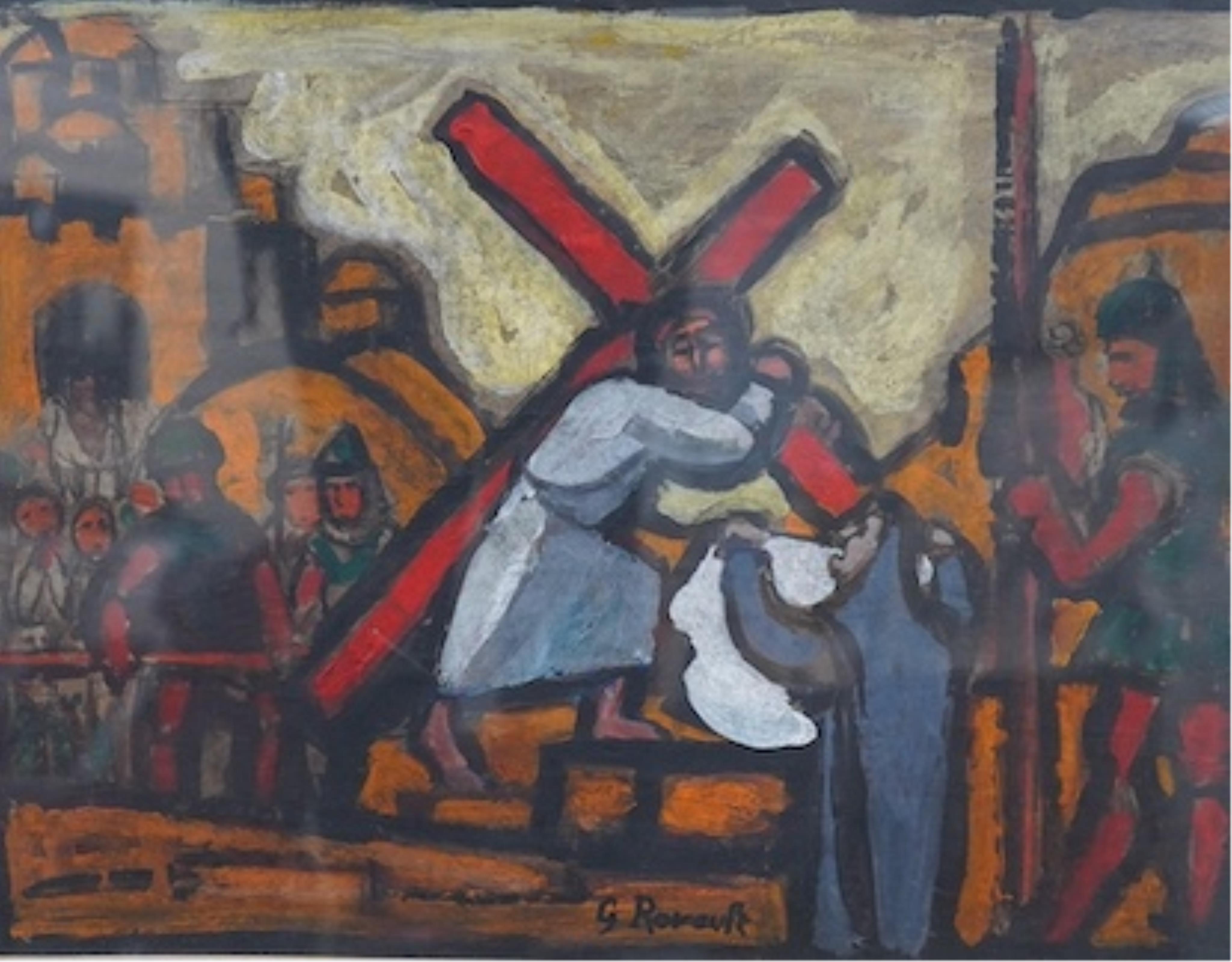 After Georges Rouault (French, 1871-1958), overpainted print, Christ on the cross, 31 x 42cm. Condition- good